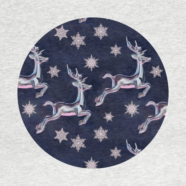 Silver Snowflakes & Happy Reindeer in Navy Blue & Pink by micklyn